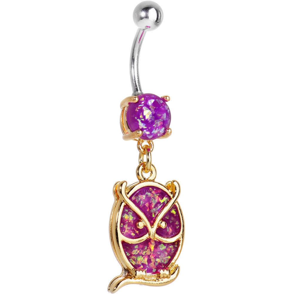 BodyCandy Purple Imitation Opal Gold Plated Wise Owl Dangle Belly Ring — detail close-up