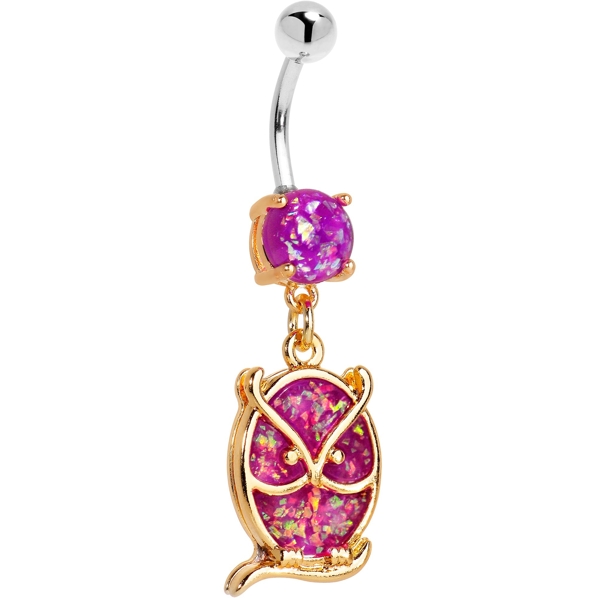 BodyCandy Purple Imitation Opal Gold Plated Wise Owl Dangle Belly Ring — main product shot
