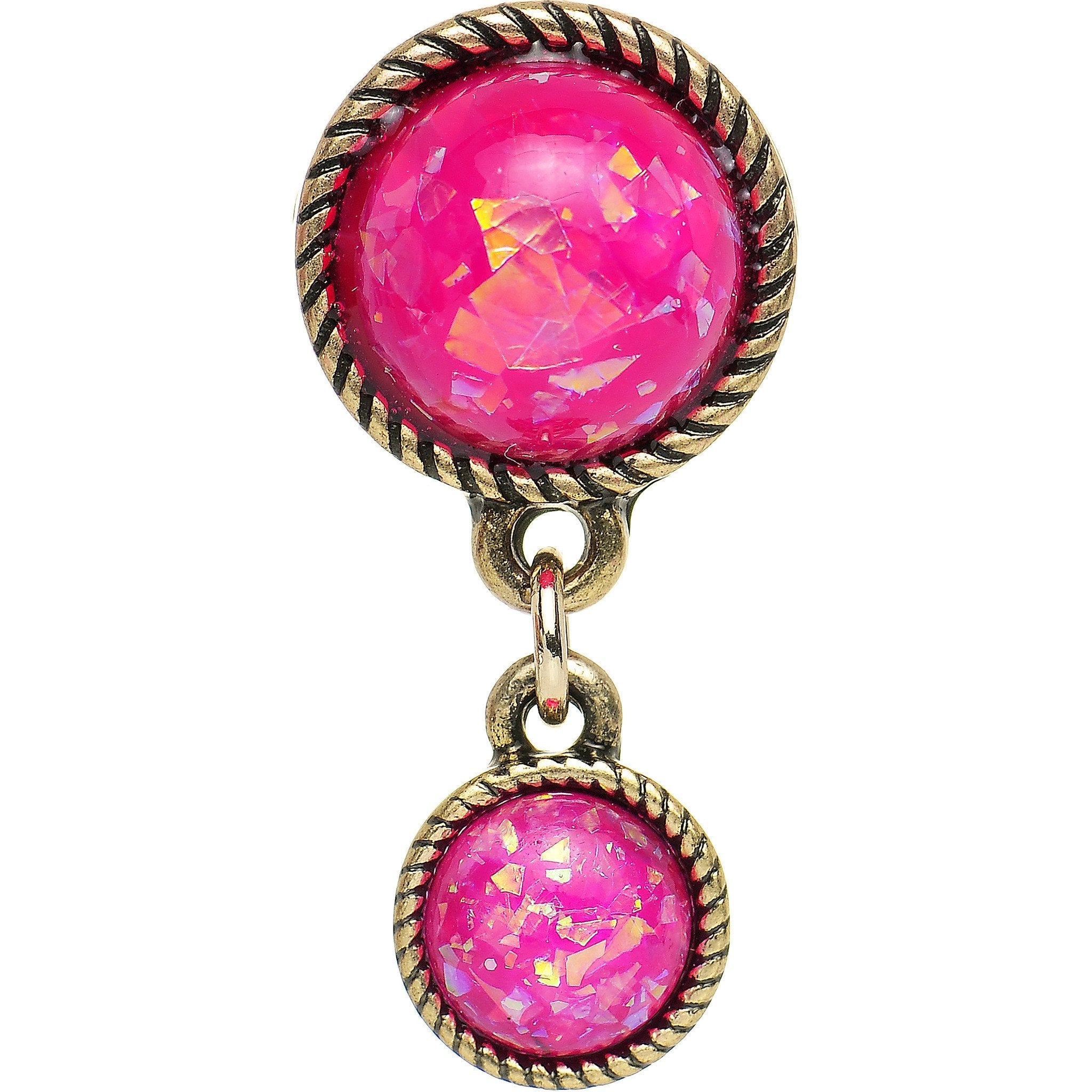 BodyCandy Double Pink Imitation Opal Dangle Plug Sizes 5mm to 1 Inch — detail close-up