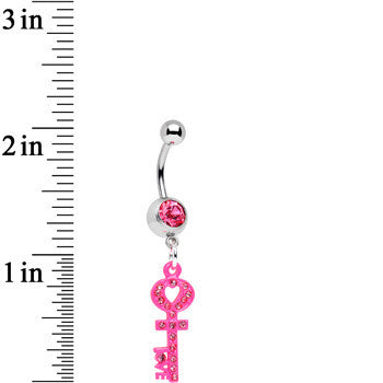 BodyCandy Pink Gem Open Your Heart to Love Pink Key Dangle Belly Ring — detail close-up