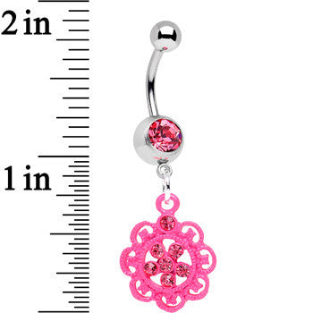 BodyCandy Pink Gem Lacy Pink Flower Dangle Belly Ring — detail close-up