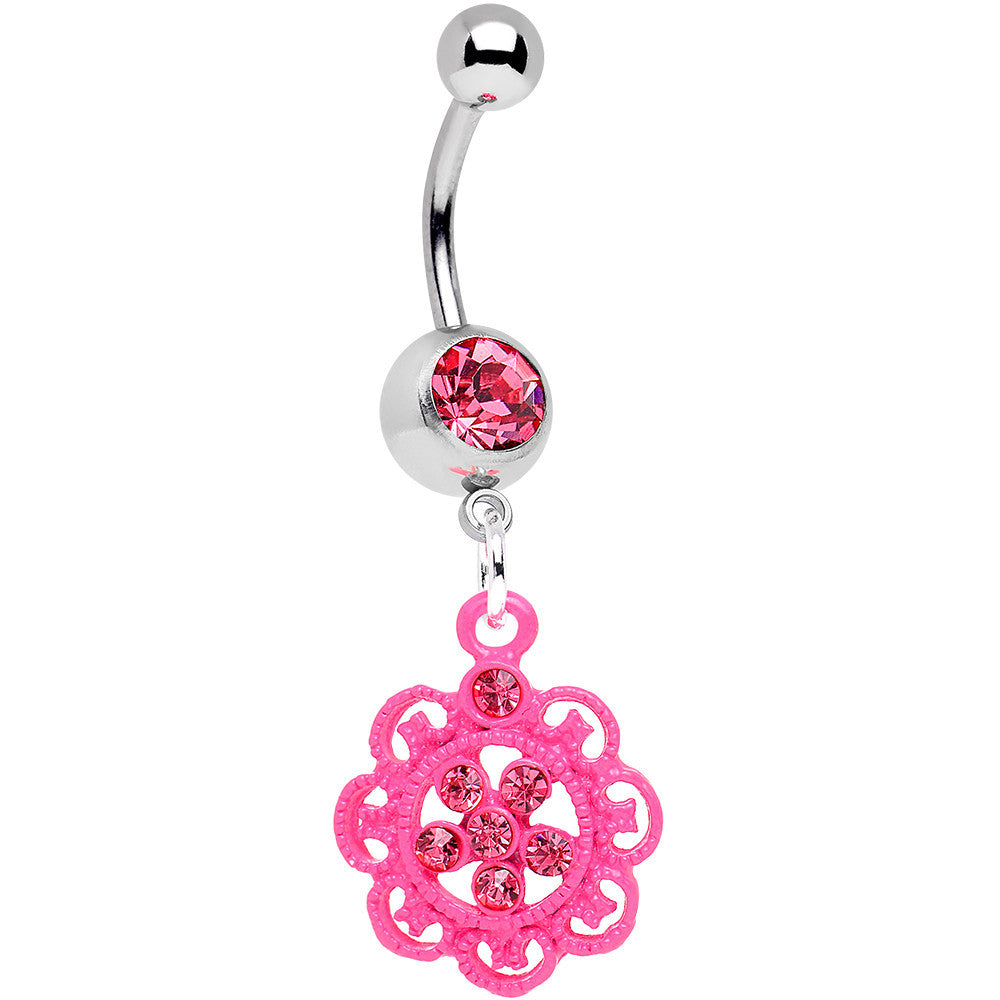 BodyCandy Pink Gem Lacy Pink Flower Dangle Belly Ring — main product shot