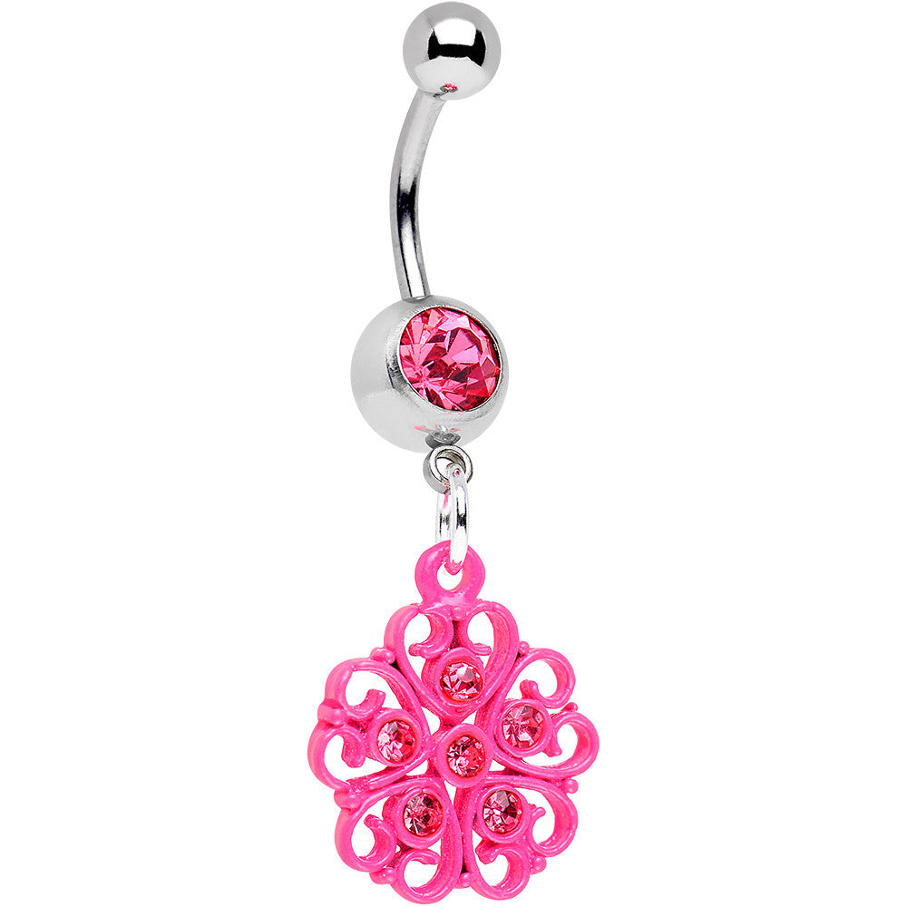 BodyCandy Pink Gem Swirled Pink Flower Dangle Belly Ring — main product shot