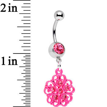 BodyCandy Pink Gem Swirled Pink Flower Dangle Belly Ring — detail close-up