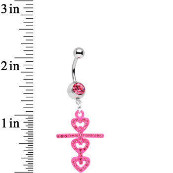 BodyCandy Pink Gem Cross of Pink Hearts Dangle Belly Ring — detail close-up