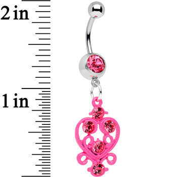BodyCandy Pink Gem Swirled Pink Heart Dangle Belly Ring — detail close-up