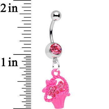 BodyCandy Pink Gem Bow Tied Pink Flower Basket Dangle Belly Ring — detail close-up