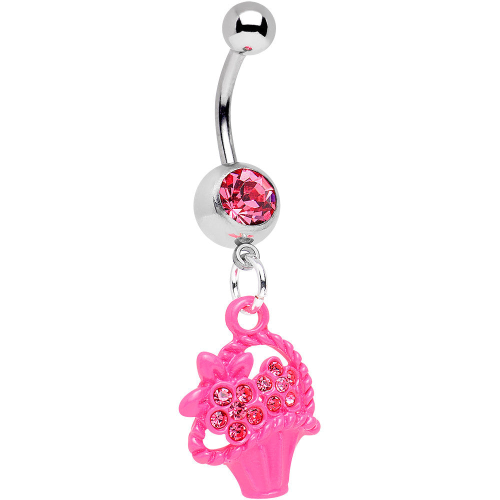 BodyCandy Pink Gem Bow Tied Pink Flower Basket Dangle Belly Ring — main product shot