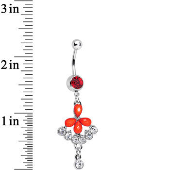 BodyCandy Red Gem Clear Drops Glittery Flower Dangle Belly Ring — detail close-up