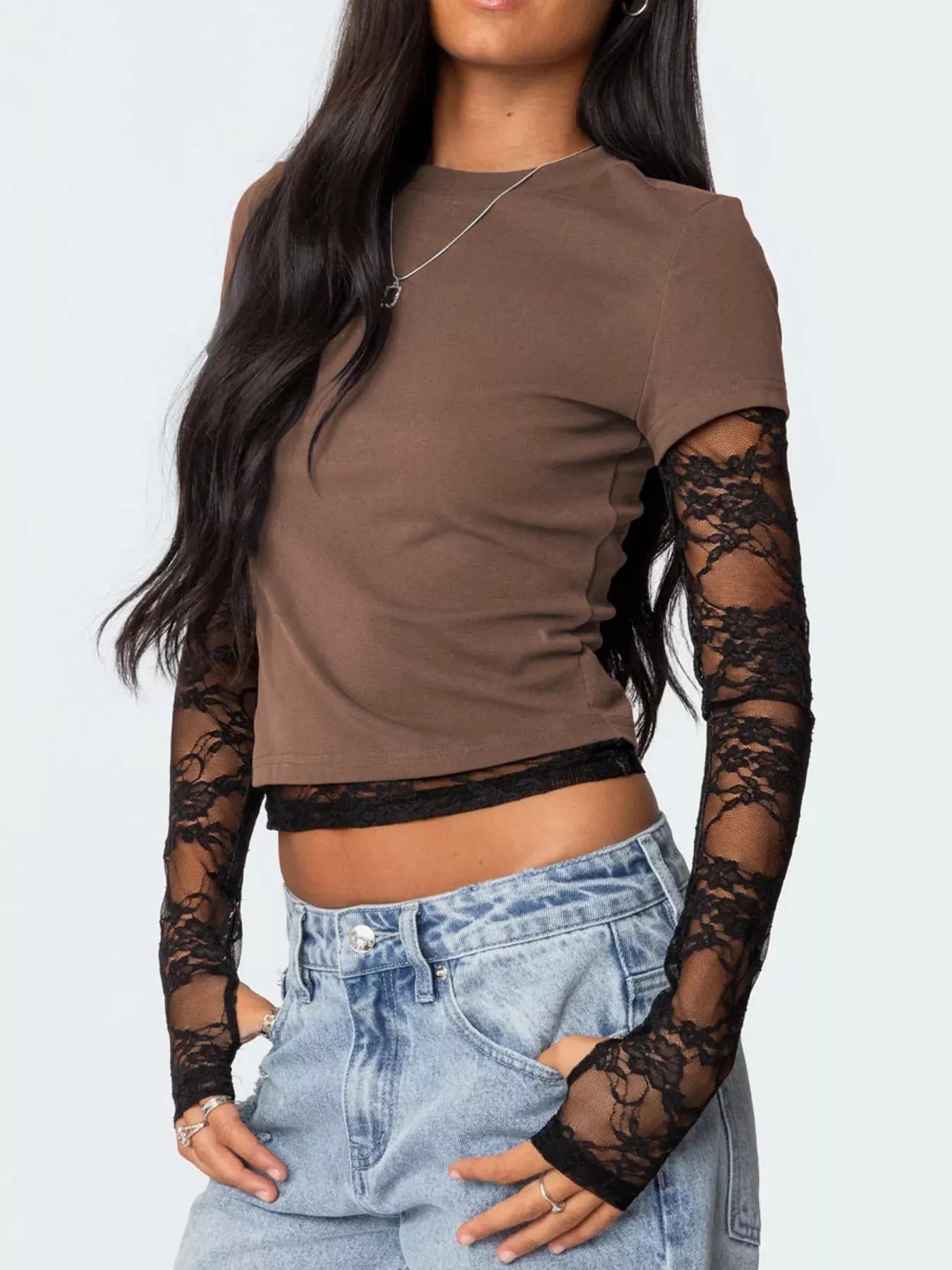 Cropped T-Shirt with Sheer Lace Sleeves