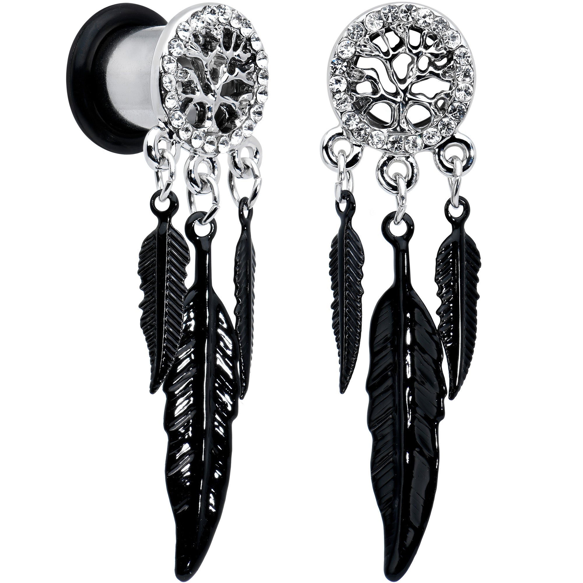 BodyCandy 0G Clear Gem Steel Single Flare Tree of Life Dangle Plug Set — main product shot