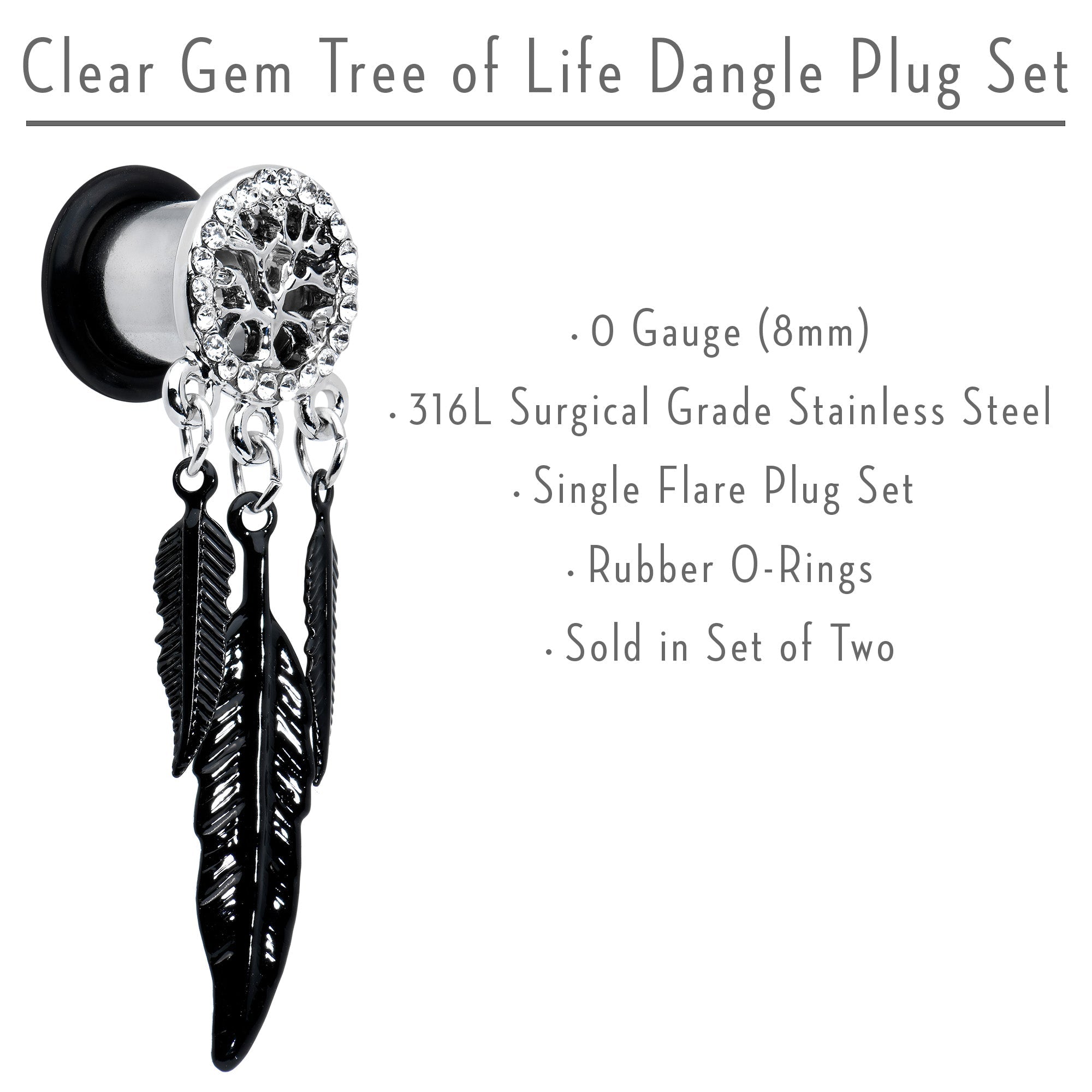 BodyCandy 0G Clear Gem Steel Single Flare Tree of Life Dangle Plug Set — in-use photo