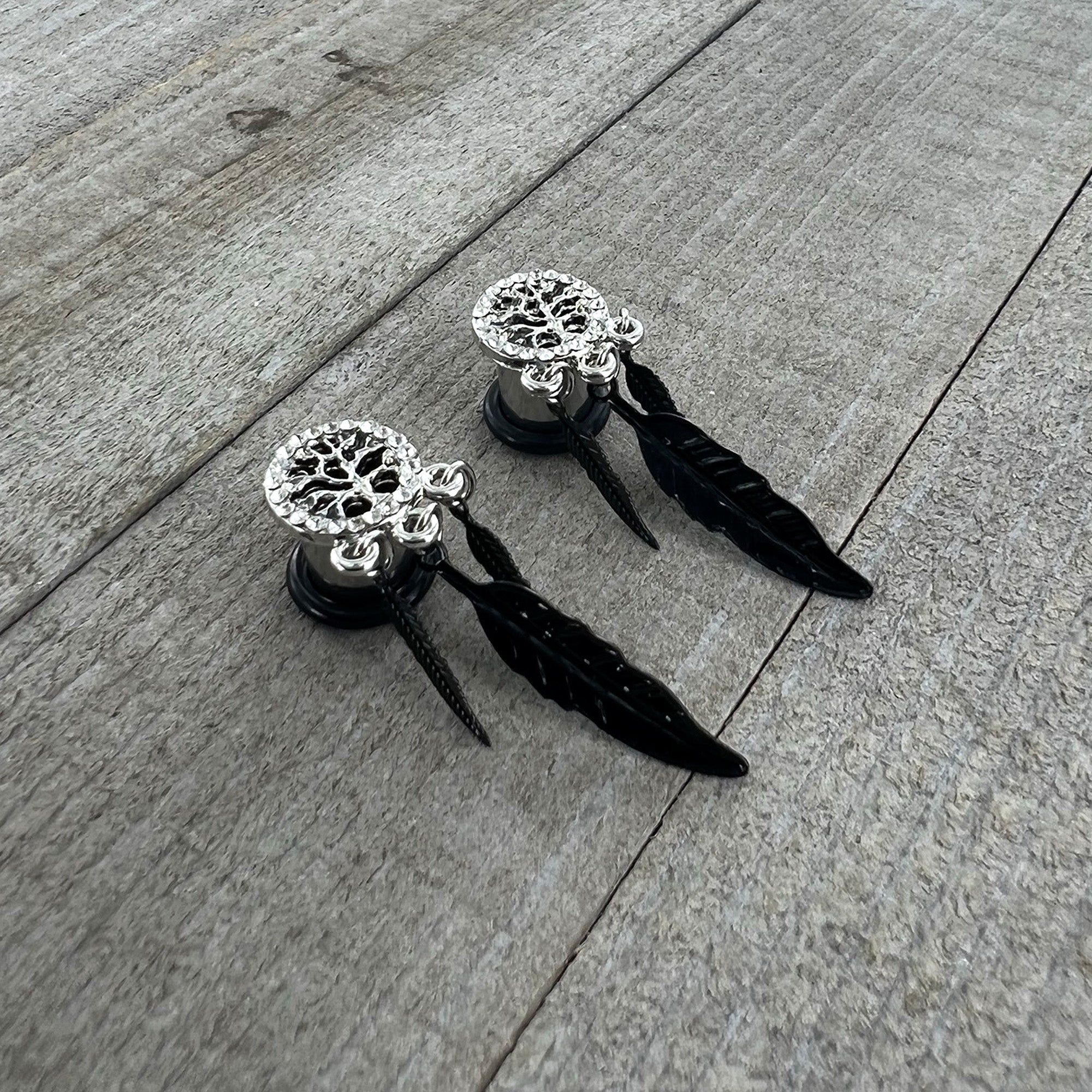 BodyCandy 0G Clear Gem Steel Single Flare Tree of Life Dangle Plug Set — detail close-up