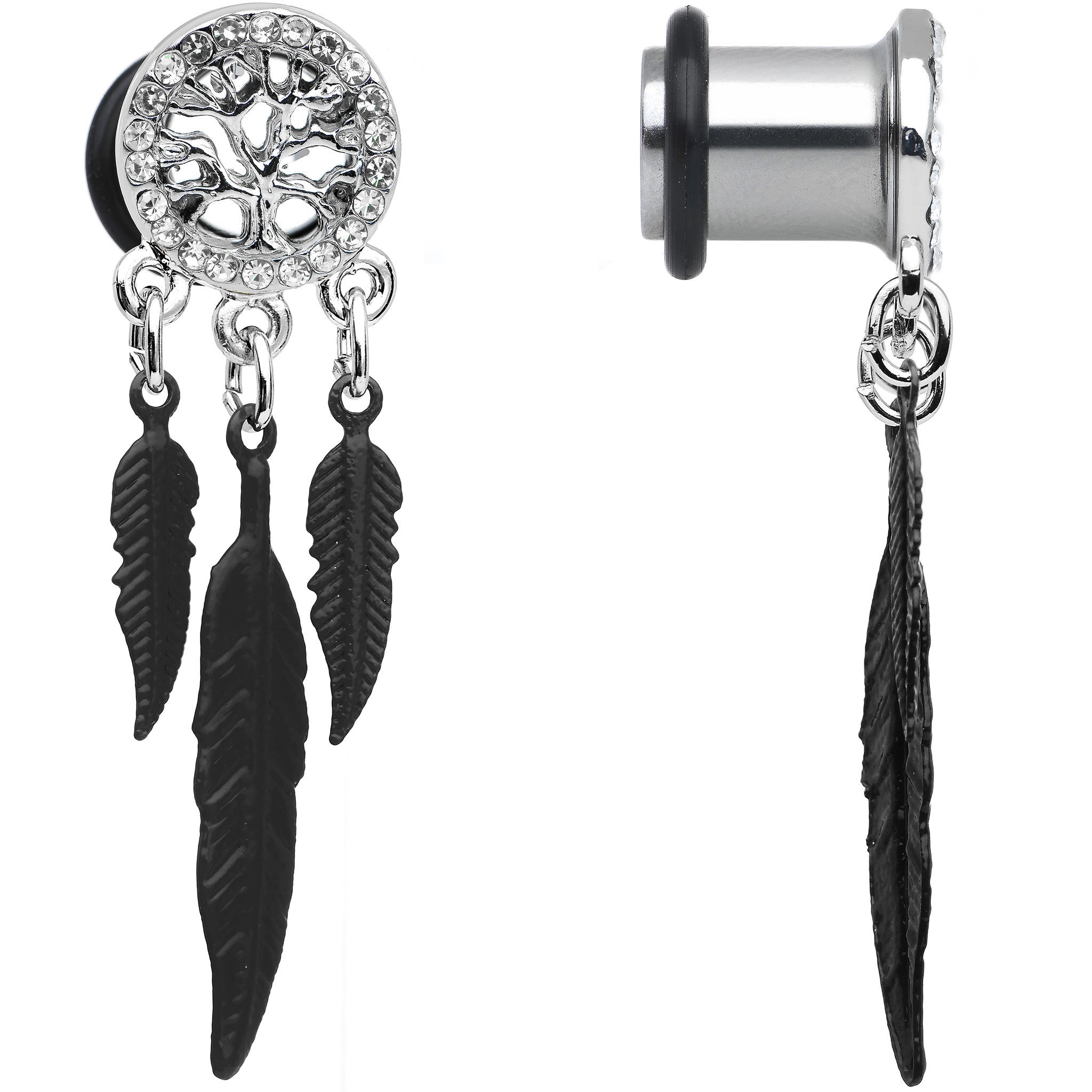 BodyCandy 0G Clear Gem Steel Single Flare Tree of Life Dangle Plug Set — color detail