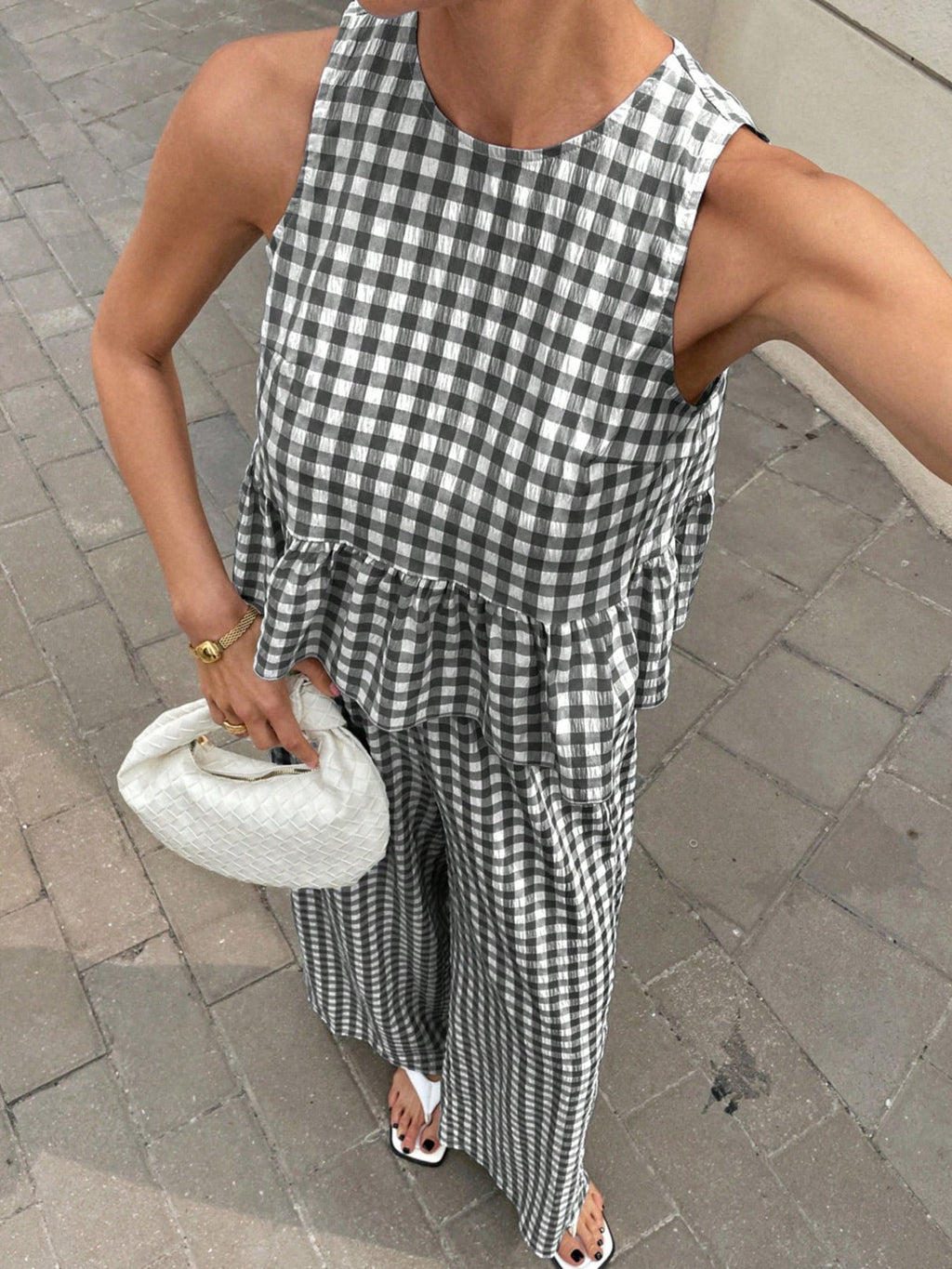 Gingham Sleeveless Top and Wide-Leg Pants Set