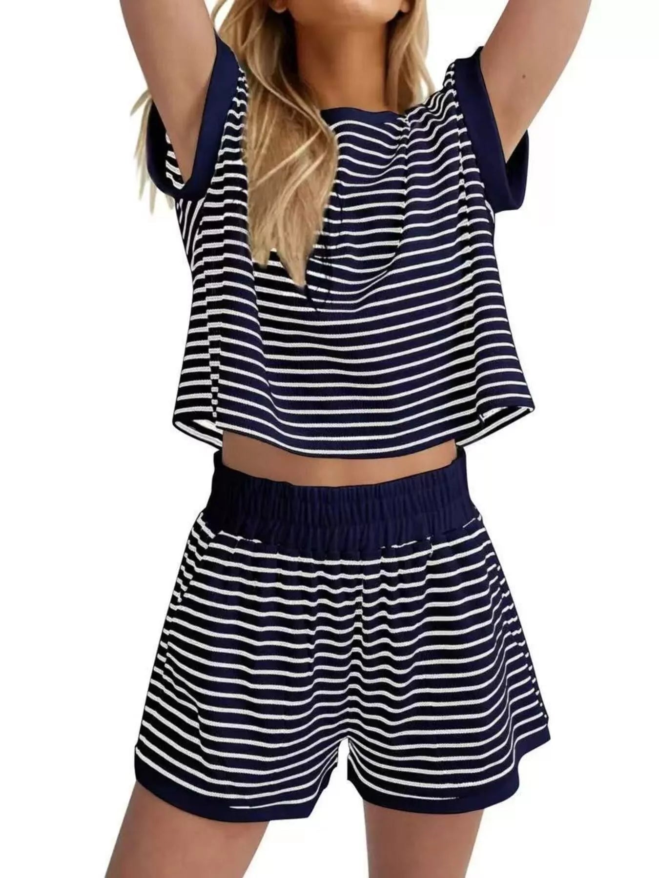 Full Size Striped Round Neck Top and Shorts Set Plus Size