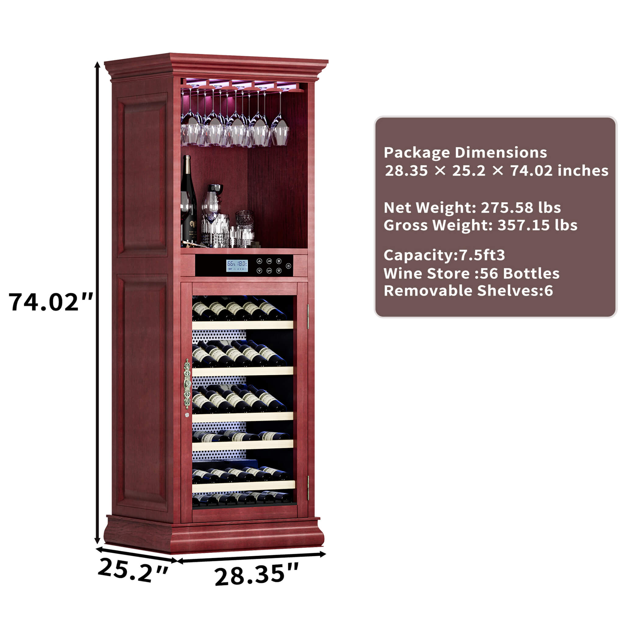 Nuvia 56-Bottle 7.5 Cu.Ft Single-Zone Multi-Tiered Wooden Wine Cooler Cabinet With Humidity And Temperature Controls (SAK7319