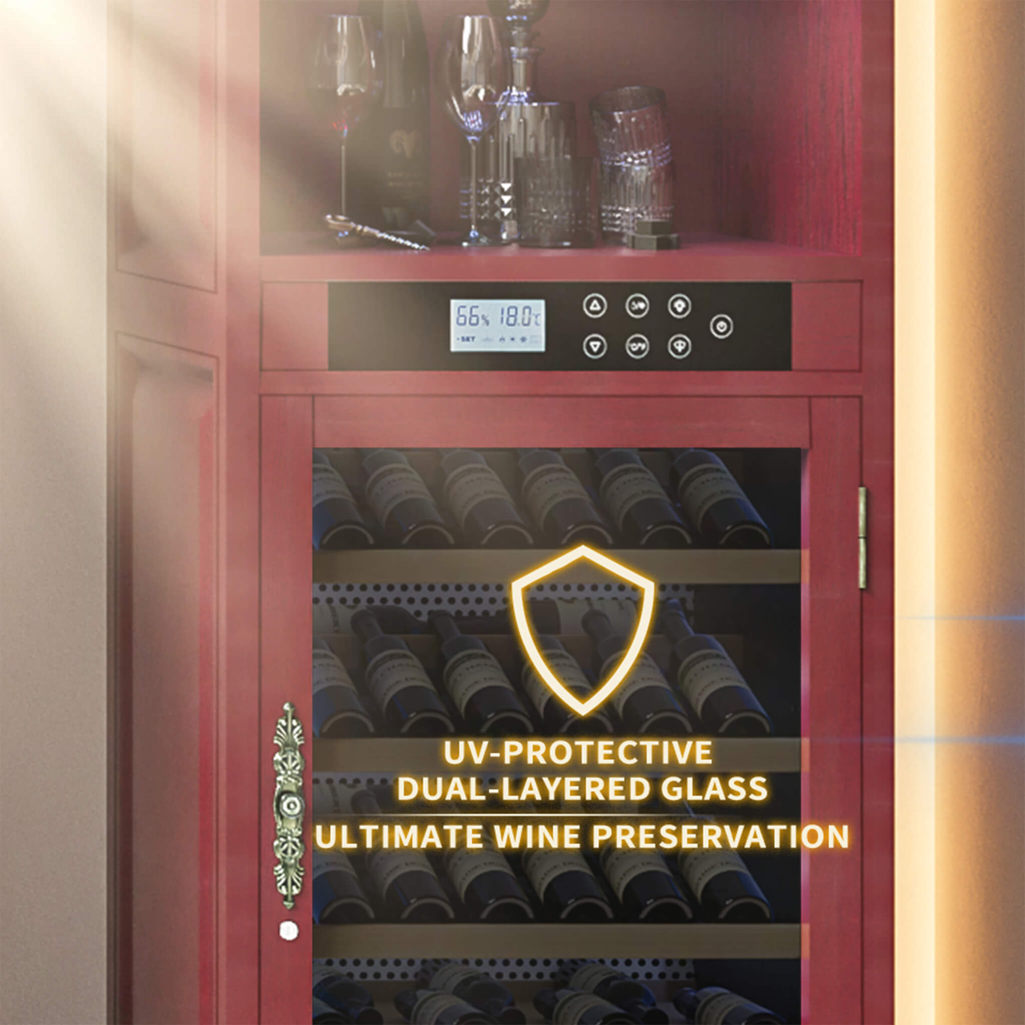 Nuvia 56-Bottle 7.5 Cu.Ft Single-Zone Multi-Tiered Wooden Wine Cooler Cabinet With Humidity And Temperature Controls (SAK7319