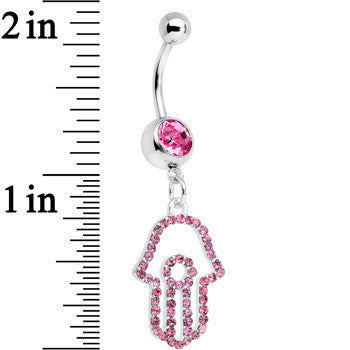 BodyCandy Pink Paved Hamsa Hand Dangle Belly Ring — detail close-up