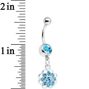BodyCandy Aqua Gem Blossoming Flower Dangle Belly Ring — detail close-up