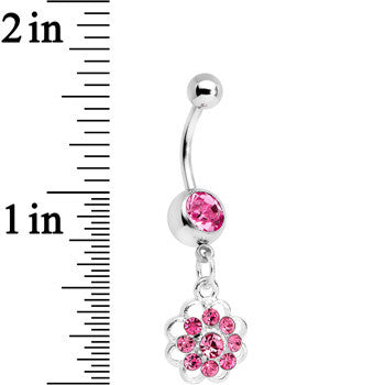 BodyCandy Pink Gem Blossoming Flower Dangle Belly Ring — detail close-up