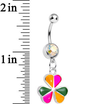 BodyCandy Aurora Gem Pink Orange Green Clover Dangle Belly Ring — detail close-up