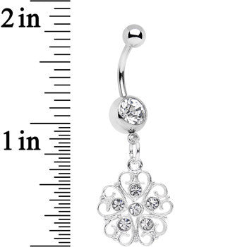 BodyCandy Clear Gem Flower Heart Dangle Belly Ring — detail close-up