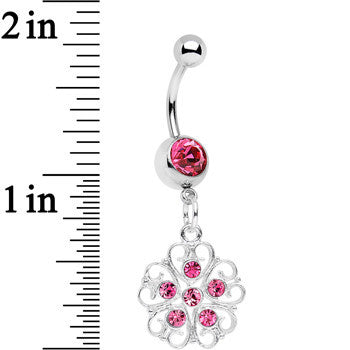 BodyCandy Pink Gem Flower Heart Dangle Belly Ring — detail close-up