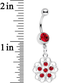 BodyCandy Red Gem Flower Heart Dangle Belly Ring — detail close-up