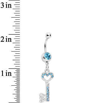 BodyCandy Aqua Gem Key to Unlock Love Dangle Belly Ring — detail close-up