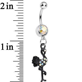 BodyCandy Aurora Gem Black Flamingo Dangle Belly Ring — detail close-up