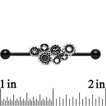 BodyCandy Black Plated Stainless Steel Steampunk Gears Industrial   Barbell 36mm — detail close-up