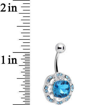 BodyCandy Aqua and Clear Gem Petunia Flower Belly Ring — detail close-up