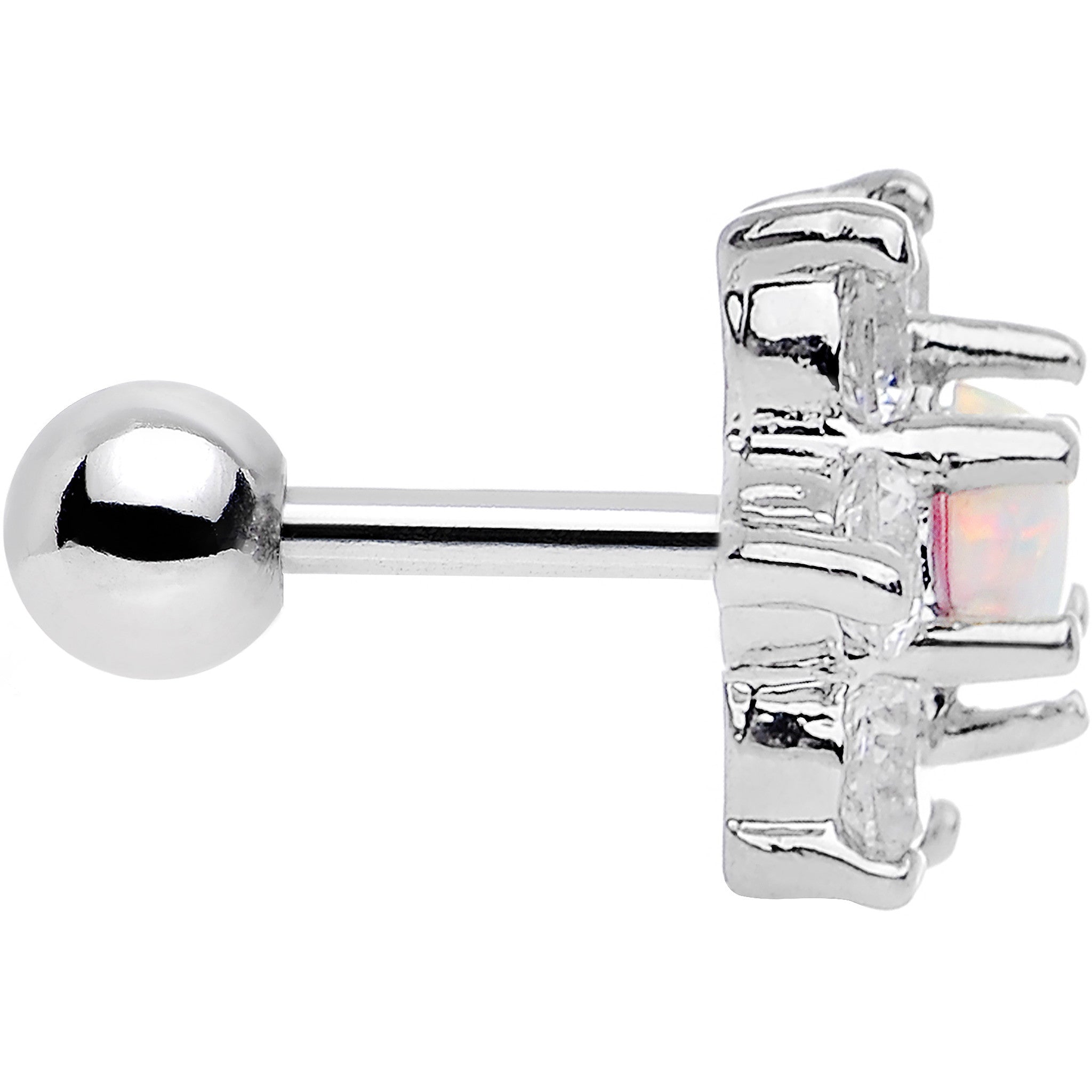 BodyCandy 1/4 White Faux Opal Clear Petaled Floral Tragus Cartilage Earring — detail close-up