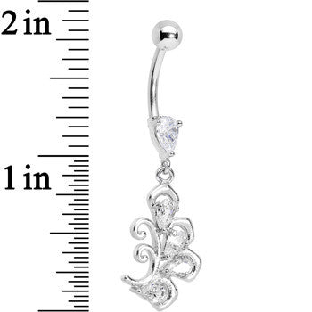 BodyCandy Clear Cubic Zirconia Palm Leaf Dangle Belly Ring — detail close-up