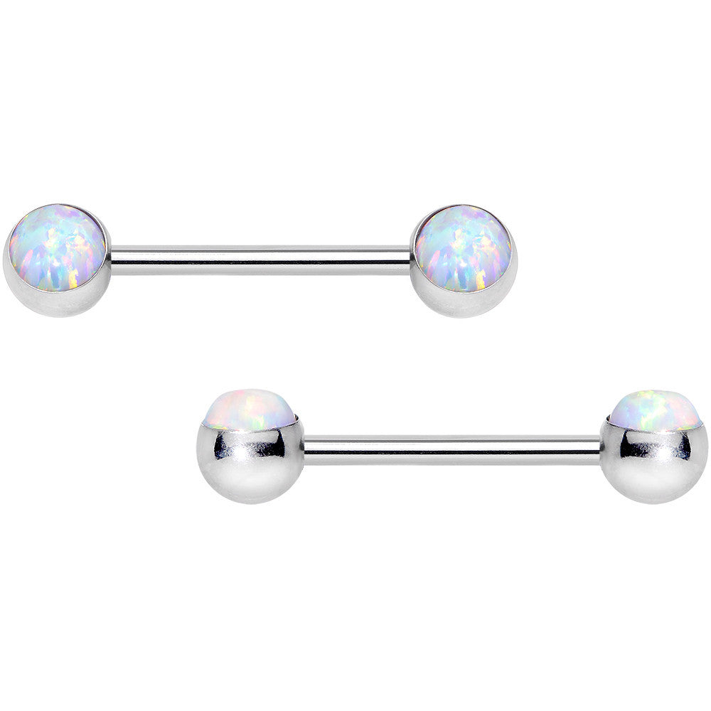 BodyCandy 316L Stainless Steel White Synthetic Opal Nipple Barbell Set — main product shot