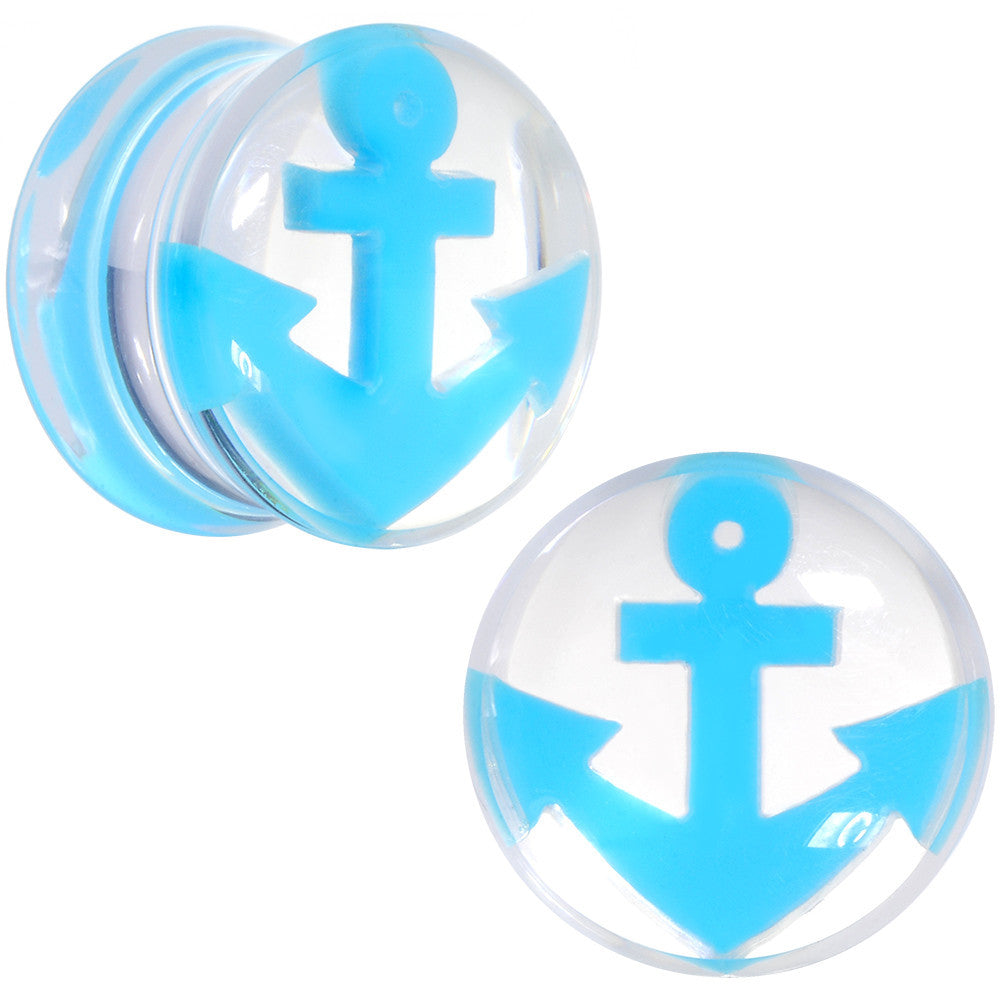 BodyCandy 9/16 Clear Acrylic Double Flare Blue Anchor Saddle Plug Set — main product shot