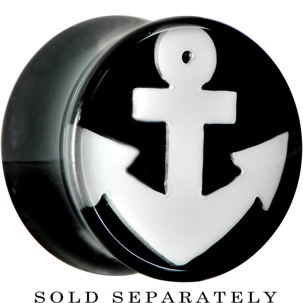 BodyCandy 9/16 Black Acrylic Drop the White Anchor Saddle Plug — main product shot