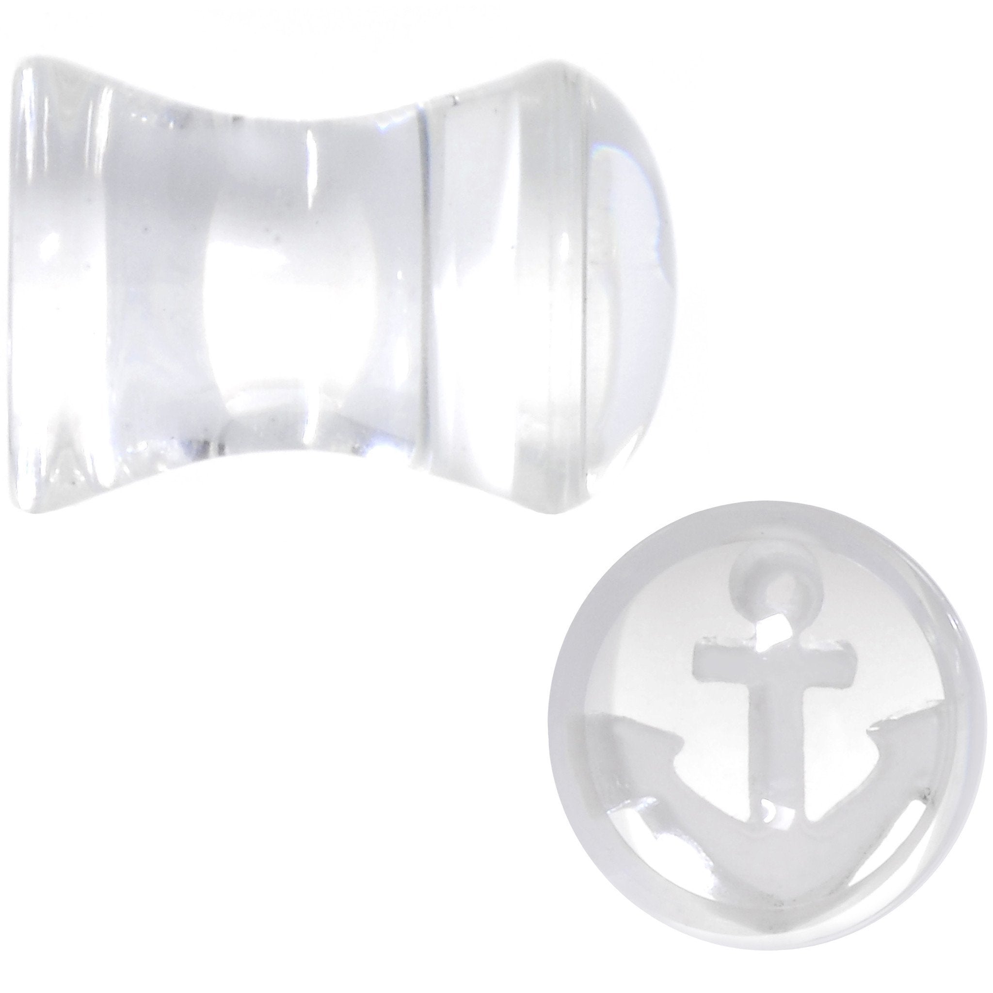 BodyCandy White Anchor Clear Acrylic Saddle Plug Set Available in Sizes 6mm to 20mm — detail close-up