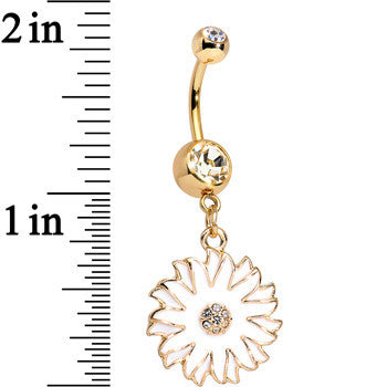 BodyCandy Clear Gem Gold Anodized White Floating Flower Dangle Belly Ring — detail close-up