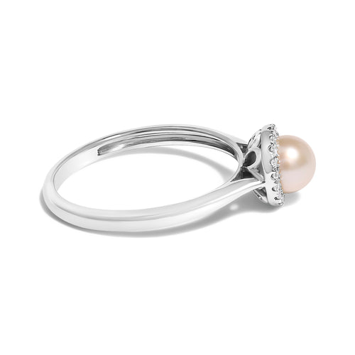 10K White Gold 5MM Cultured Freshwater Pearl  and Diamond Halo Ring (I-J Color, I1-I2 Clarity) - Ring Size 6.5