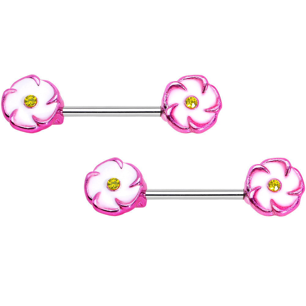 BodyCandy 316L Stainless Steel Pink White Double Flower Nipple Barbell Set — main product shot