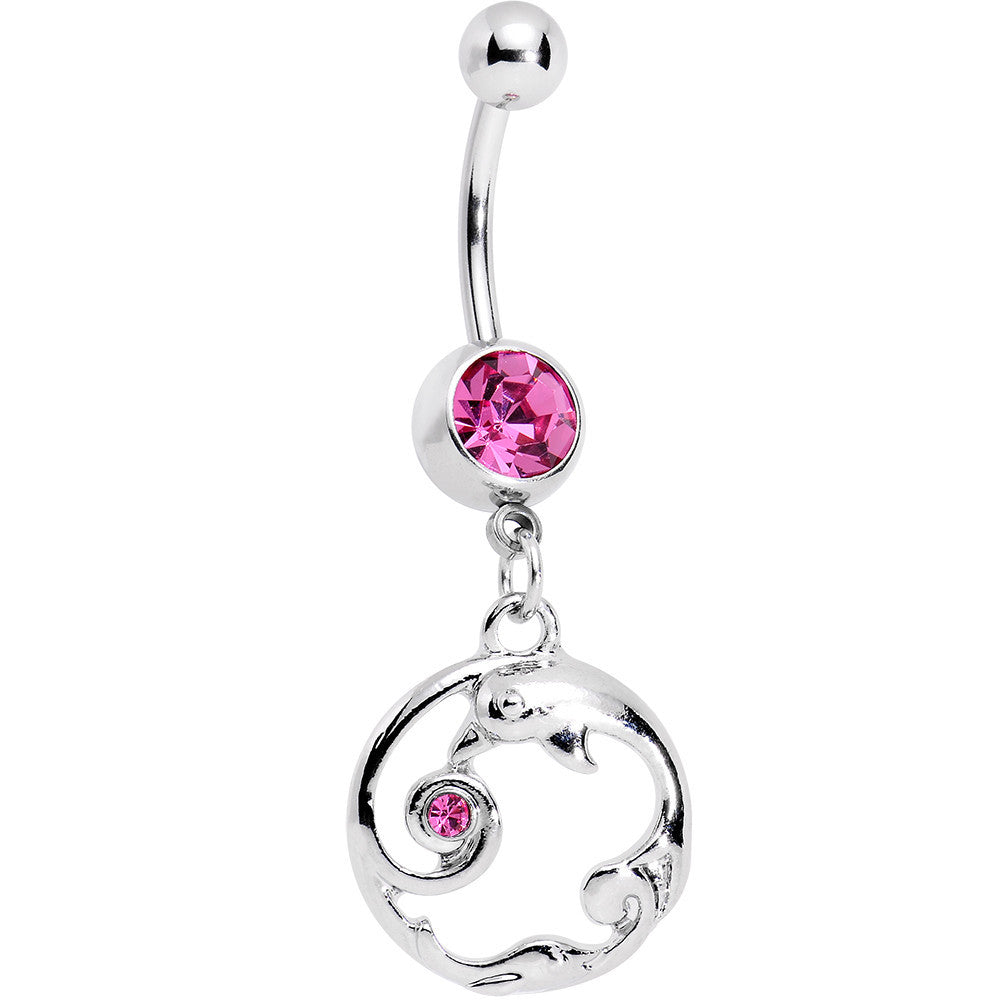 BodyCandy Pink Gem Double Dolphin Swirl Dangle Belly Ring — main product shot