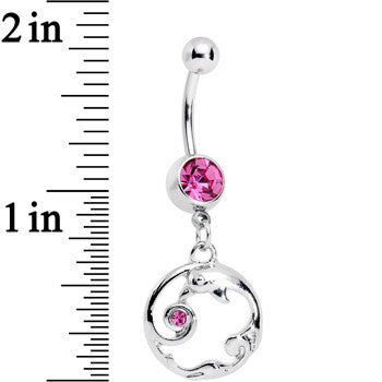 BodyCandy Pink Gem Double Dolphin Swirl Dangle Belly Ring — detail close-up