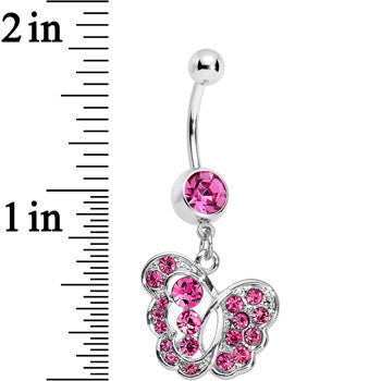 BodyCandy Pink Gem Fancy Butterfly Dangle Belly Ring — detail close-up