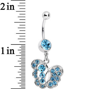 BodyCandy Blue Gem Fancy Butterfly Dangle Belly Ring — detail close-up