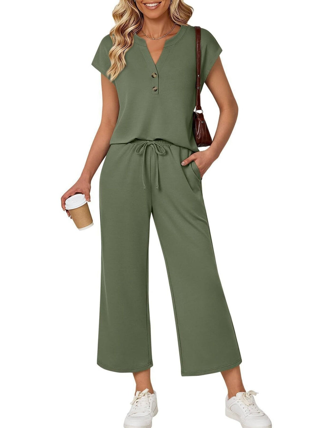 Notched Short Sleeve Top and Pants Set