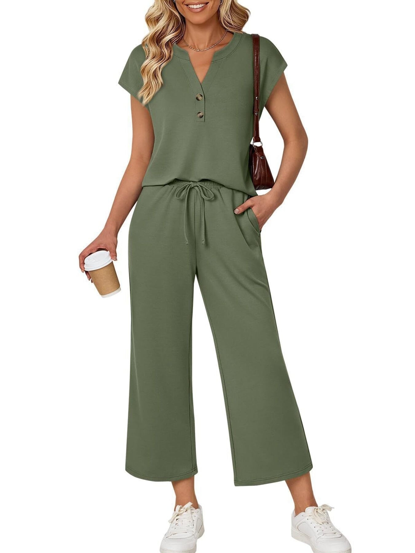 Notched Short Sleeve Top and Pants Set