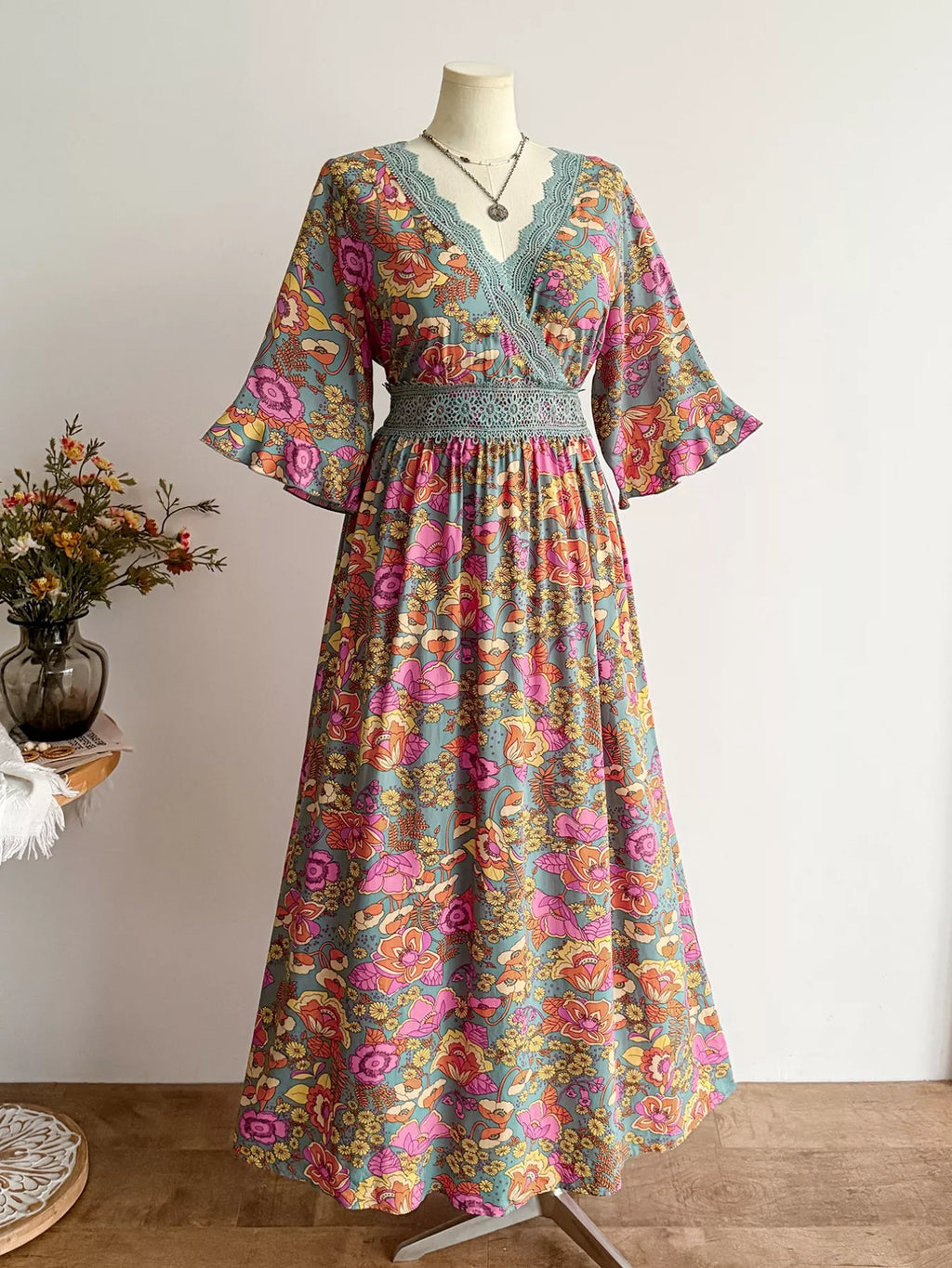 Plus Size Lace Detail Floral Surplice Dress