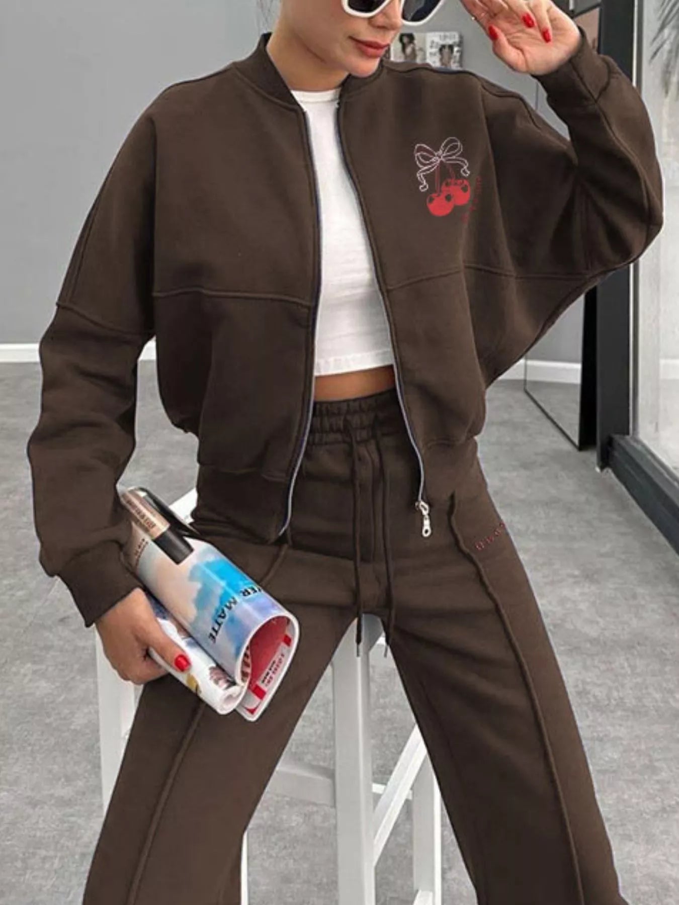 Zip Up Dropped Shoulder Outerwear and Pants Set